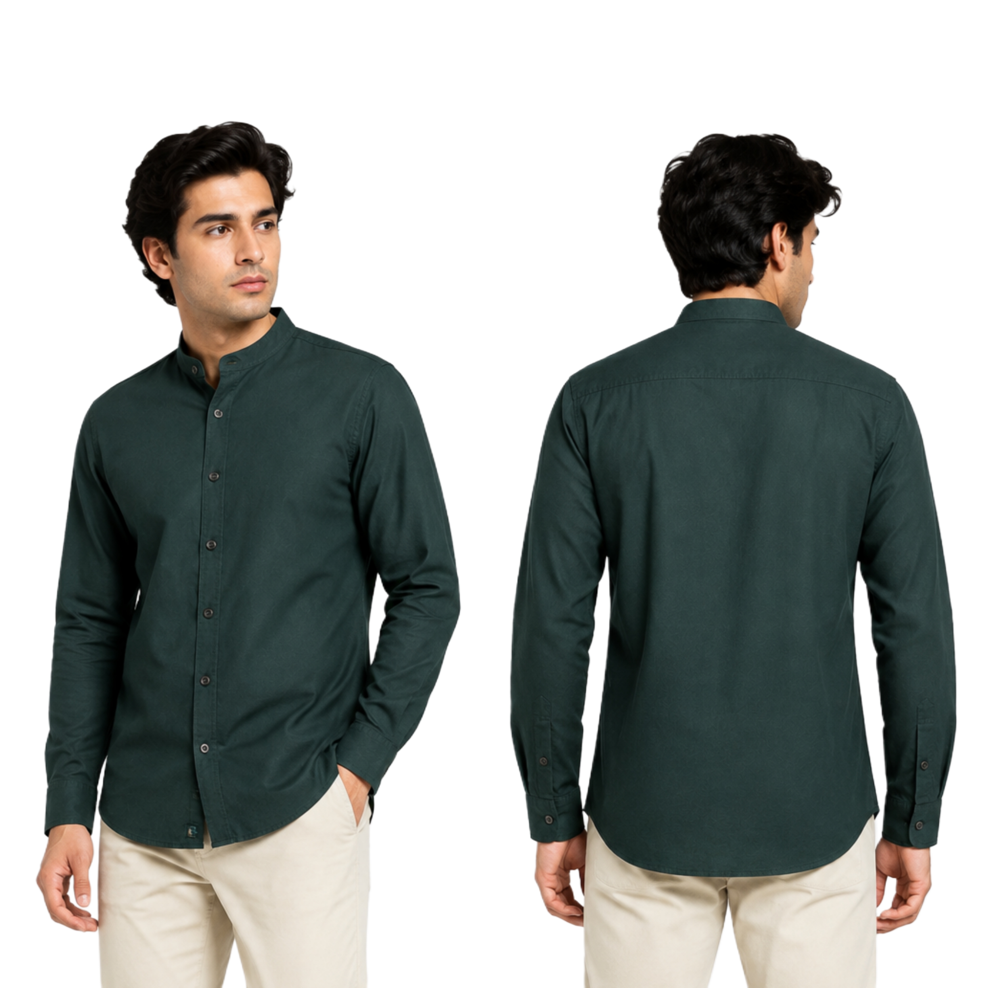 TLvastra Men's Bottle Green Solid Mandarin Collar Cotton Full Sleeve Casual Shirt