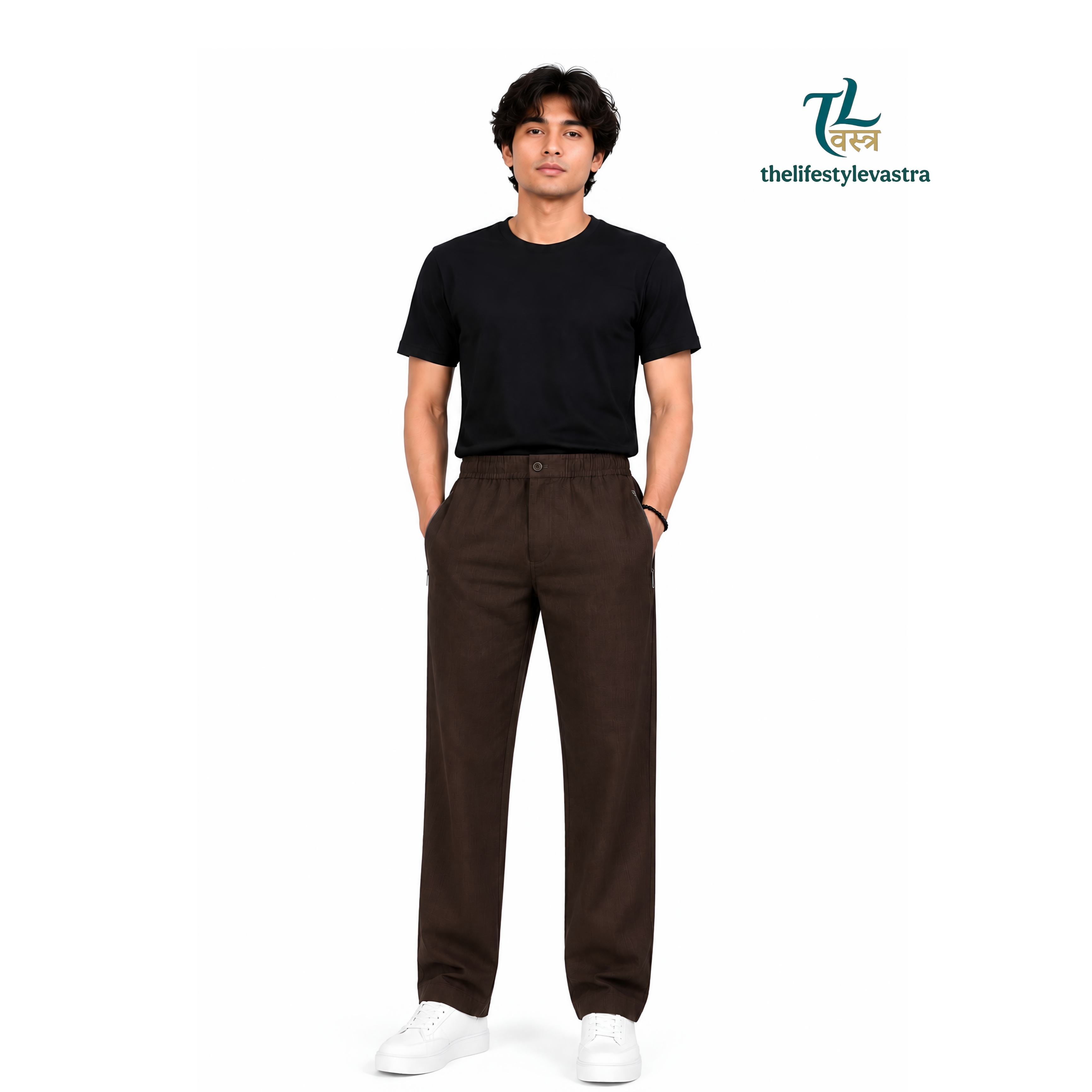 TLVASATRA Men's Dark Brown Linen Blend Straight Fit Bottom | Elastic Waist | Zip Side Pockets | 18 Inch Bottom | Casual & Daily Wear Lower